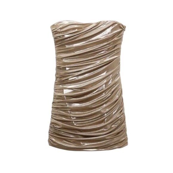 NWT Zara Gold Strapless Ruched Mini Dress • Y2K Baddie Party Club Glam Coquette - Picture 3 of 16